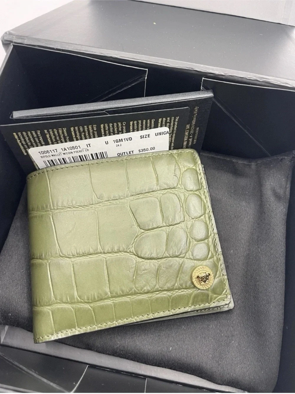 Versace Olive Green Croc-Embossed Leather Money Clip with Gold Medallion